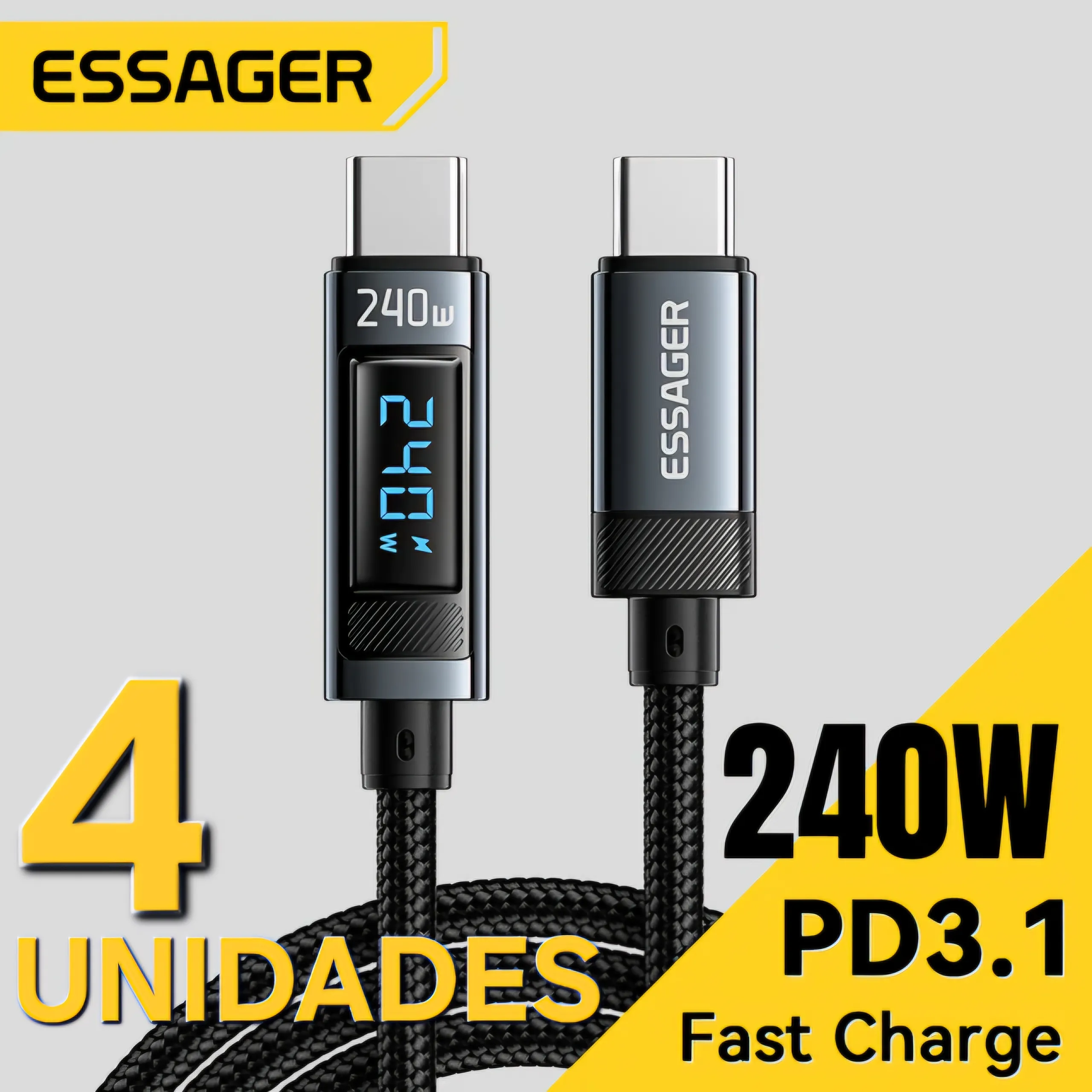 [R$ 22 Cada/Taxa Inclusa] 4 Unidades Essager Cabo Tipo-C 240w, Pd 3.1, Carregamento Super Rpido, Para Ios E Android